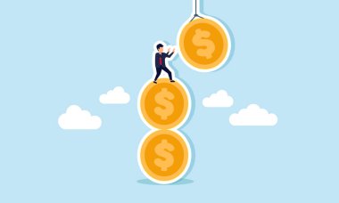 Bir işadamı yığınla bozuk paraya tırmanıyor ve bir ipten sallanan başka bir madeni parayı yakalamaya çalışıyor. Şirket varlıklarını artırma çabalarının bir göstergesi.  