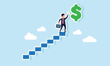 Merdivenin tepesindeki bir işadamı bir dolar işareti yakalamaya çalışıyor. Tüm zamanların en yüksek dolar değerine ulaşma çabasının bir göstergesi.  