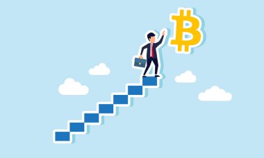 Merdivenin tepesindeki bir işadamı bitcoin işareti yakalamaya çalışıyor. Tüm zamanların en yüksek bitcoin değerini elde etme çabasının bir örneği.  