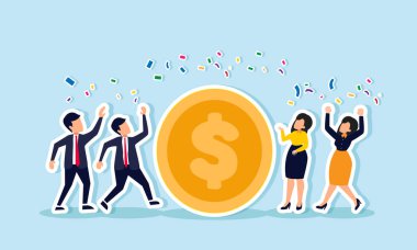 Büyük bir madeni parayı kutlayan iş adamları, hisse senedi veya dolar yatırım yöntemlerindeki başarının bir göstergesi.  