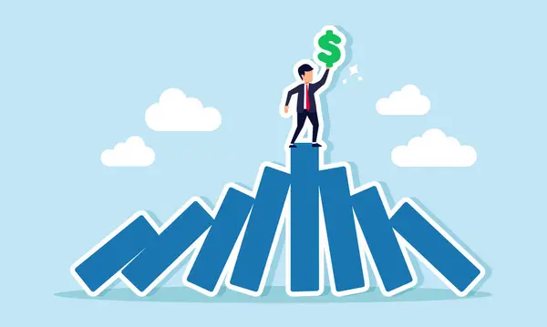 Bir işadamı bir yığın bloğun üzerinde duruyor, bir dolar işareti kaldırıyor ve sergiliyor, çeşitli konuların arasında doların değerinin esnekliğini gösteriyor.