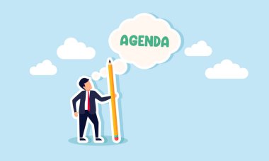 A businessman is holding a pencil while envisioning an AGENDA, illustration of designing a work agenda or schedule for effectiveness and efficiency   clipart