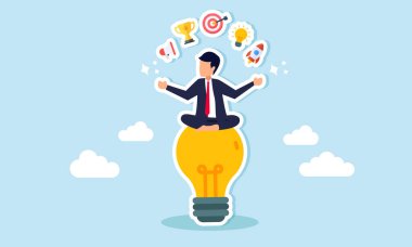 Pazarlama ve tanıtım unsurlarıyla çevrili bir lamba üzerinde meditasyon yapan bir işadamı, iş pazarlama stratejisindeki yeniliğin bir örneği  