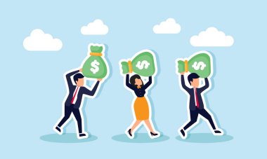 Bazı girişimciler, kar paylarının şirket hissedarlarına dağılımını gösteren çantalar dolusu para taşıyorlar.