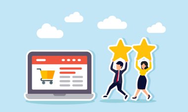 Bir iş adamı ve iş kadını, pazar yeri performansının reytinglerini gösteren bir web sitesini gösteren bir yıldızla dizüstü bilgisayara doğru koşuyor.