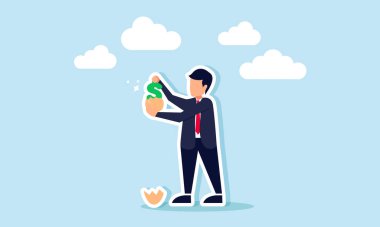 Bir iş adamı, üzerinde dolar işareti olan bir yumurta kabuğu açar. Kâr getiren bir kumar sapı projesini betimler.