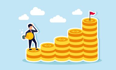 Bir işadamı, madeni paradan yapılmış bir grafiğe tırmanmak, bir iş kurma ve önemli gelir elde etmek için fikirler ve stratejiler sergilemek amacıyla bir lamba taşır.