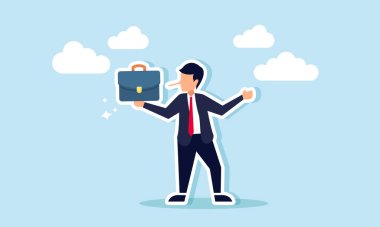 Uzun burunlu bir işadamı sahte iş teklifleri ya da iş dolandırıcılığı eylemi içeren bir evrak çantası tutuyor ve sergiliyor.