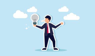 Uzun burunlu bir işadamı kırık bir lambayı tutuyor ve sergiliyor. Kötü fikirler sunma eylemi, fikir sahtekarlığı ya da fikir manipülasyonu.