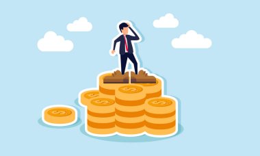 Büyük ayakkabılı bir işadamı, bir yığın bozuk paranın üzerinde duruyor. Önemli miktarda mal varlığı elde etme çabasındaki rahatsızlığın bir göstergesi olarak.