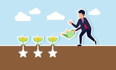 Yıldız köklü bir bitkiyi sulayan bir işadamı, şirketin iş notuyla ilgili bakım ve analiz çizelgesi