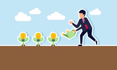 Çiçek açan ampullerle bir bitkiyi sulayan bir işadamı, yeni fikirler ve yenilikler geliştirmek için özen ve analizlerin resimlerini çiziyor.