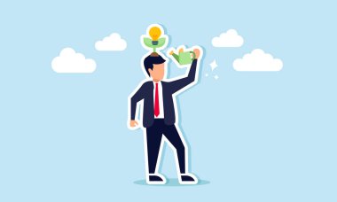 Kafasının üstünde ampul çiçekleri olan bir bitkiyi sulayan bir işadamı, pazar eğilimleriyle ilgili kalmak için fikirlerin ve yeniliklerin korunmasının bir göstergesi