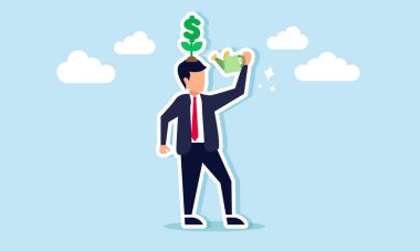 Bir işadamı, başının üstündeki dolar işareti fabrikasını suluyor. Şirket varlıklarının gelişimini izlemekle ilgili bir bakım çizelgesi.