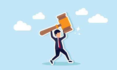 Elinde tokmakla koşan bir işadamı, iş davalarında yargıcın adil bir yargılama talebini gösteriyor.  