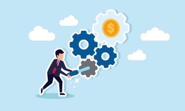 Dolar bozukluklarıyla etiketlenmiş bir dişli makinası kuran bir işadamı, dolar değerlemesi ile aynı hizaya gelecek bakım ve sistem ayarlarının çizimi  