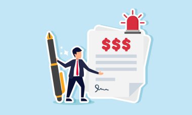 Alarm dolu bir ödeme kağıdının yanında elinde kalemle duran bir işadamı, şirkete yük olan faturaların ödenmesinde onay belgesi.  