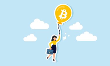 Bitcoin etiketli bir balonun ipinden sarkan bir iş kadını, Bitcoin varlıklarına bağımlılığın başka varlıklara çeşitlendirilmeden resmedilmiş hali.  