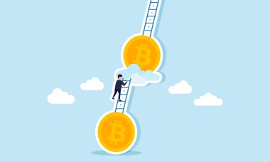 Bitcoin 'e bağlı bir merdivene tırmanan bir işadamı, adım adım bitcoin varlıklarının birikimini gösteriyor  