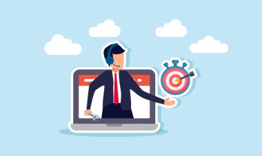 Müşteri hizmetleri gibi davranan bir işadamı dizüstü bilgisayarında kronometre ve hedef tahtası, iş hedeflerinin değerlendirilmesi ve bakımı ve bakımı gösteriliyor. 