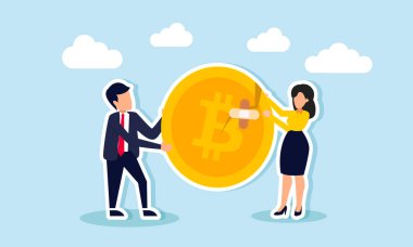 Bir işadamı ve işkadını, bitcoin yatırımlarında zarar eden stratejilerin değerlendirilmesini ve iyileştirilmesini gösteren kırık bitcoin bantlarını bandajla onarıyor.