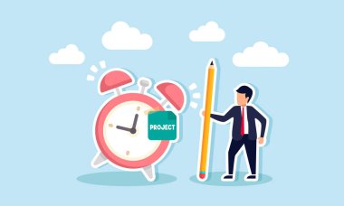 Elinde kalem olan bir işadamı, projemizin bitiş tarihinin hatırlatıcısı olarak, üzerinde PROJECT yazan bir çalar saatin yanında duruyor.