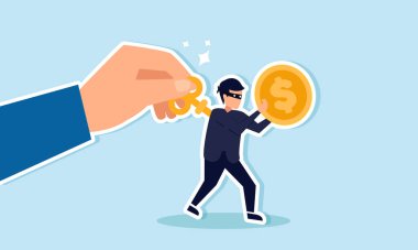 Bir el, para taşıyan bir hırsızın sırtında anahtar çeviriyor. Bu da iş veya yolsuzluk davalarının arkasındaki aktörü gösteriyor.