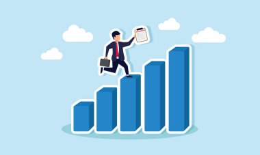 İş tanımlama tahtası taşıyan bir iş adamı, bir görev listesine dayanan yapılandırılmış iş performans ilerlemesinin bir çizelgesi