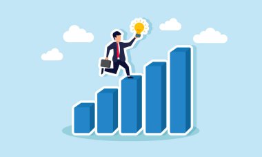 Bir işadamı lamba taşıyan bir grafiğe koşuyor, yenilikçi fikirlerin yol açtığı ticari performans ilerlemesinin bir göstergesi.