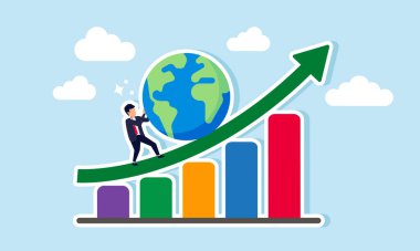 Bir işadamı, küresel iş eğilimlerini izleyerek iş performansının arttığını gösteren bir grafiği küreyi yukarı itiyor  