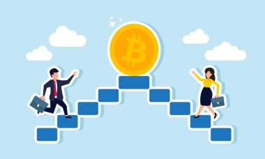 Bir işadamı ve iş kadını bitcoin elde etmek için merdivenin en tepesine ulaşmak için yarışır, bu da bitcoin varlık mülkiyeti rekabetini gösterir.  