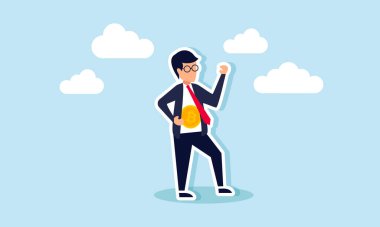 Bir işadamı elbisesini açar, bir bitcoin sembolü, sergilenen portföyün çizimi ve bitcoin varlıklarının miktarı