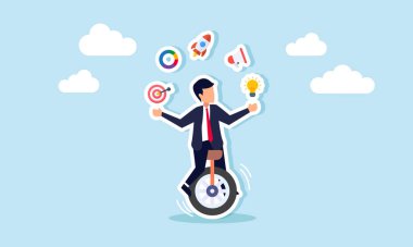 Bir işadamı, pazarlama yönetimi, etkili ve verimli pazarlama ve tanıtım yönetiminin uygulanmasında istikrarın örneklendirilmesi gibi konularla uğraşırken tek tekerlekli bisiklete biner.