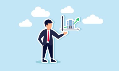 Bir işadamı ofis binaları ve işletmelerin yükselen grafiğine, sergilenen performans ve sahip olunan işletmelerin değerinin gösterilmesine işaret ediyor.  