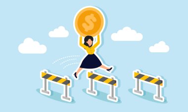 Bir iş kadını bir dolar para taşırken bariyerin üzerinden atlıyor. Ticari varlıkları çeşitli zorluklardan koruduğunu gösteriyor.