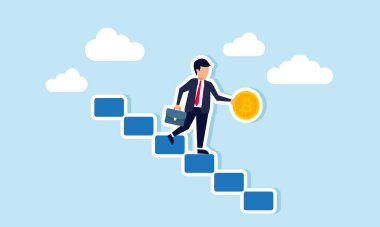 Bitcoin taşıyan bir işadamı merdivenlerden inerken Bitcoin 'in yatırım değeri düşüşünün bir göstergesi.