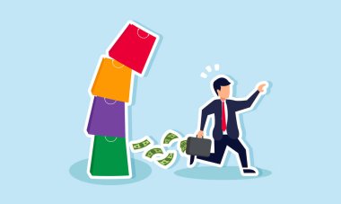 Elinde para dolu bir çantayla koşan bir işadamı, alışveriş torbalarının düşmesini önlemeye çalışıyor, zenginliği gereksiz alışveriş ihtiyaçlarından koruduğunu gösteriyor.