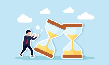 Bir iş adamı bir sıra kum saati itiyor, diğerlerinin üzerine düşmelerine neden oluyor, kötü zaman yönetiminin bir göstergesi olarak proje tamamlama süreleri çakışıyor.