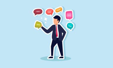 Sohbet diyaloglarıyla çevrili bir işadamı, elinde bir tane tutarken, pazar isteklerini girdi ve geri bildirim olarak yakalama konusundaki farkındalığın bir göstergesi  