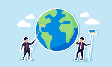 İki işadamı dünyayı boyama, boyama veya güncelleme, değerlendirme ve uluslararası veya küresel ölçekte iş performansıyla ilgili güncellemeler yapıyor