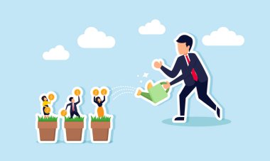 Bir işadamı, içinde dolar sikkeleri olan işadamlarının bulunduğu bir kaç çömleği sular, iş dünyasının gelişmesi için gerekli insan kaynaklarının bakımını ve geliştirilmesini gösterir.