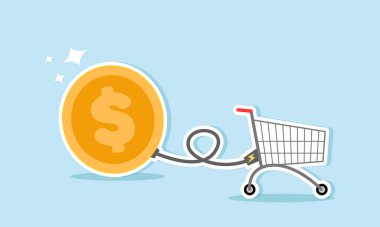 Bir alışveriş sepeti, madeni paraların elektrik kablolarıyla birbirine bağlanır ve stabil sermaye ve finansmanın stresten arınmış iş alışverişinde ne kadar önemli bir faktör olabileceğini gösterir.