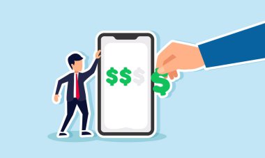 Akıllı telefon tutan bir işadamı, elinde bir dizi dolar işareti olan, akıllı telefona dolar işareti koyan bir işadamı, tamamlanmış iş projeleri için yapılan ödemeleri gösteriyor.