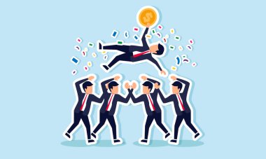 Çok sayıda işadamı, bir dolar para tutan bir işadamını tebrik ederek, iş yatırımlarındaki başarıyı ve başarıyı resmediyor.