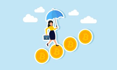Bir dizi bitcoin üzerinde yürüyen bir şemsiye kullanan bir işadamı, sigorta önceliklerini belirlerken adım adım bitcoin varlıklarının birikiminin resimlerini çiziyor