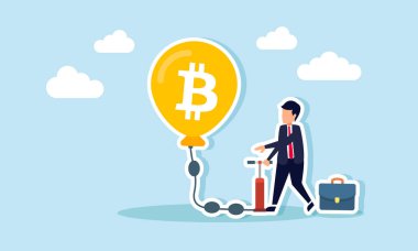 Bitcoin balonu pompalayan bir işadamı, büyüme ve gelişim için bitcoin varlıklarının korunması ve artırılmasının bir göstergesi