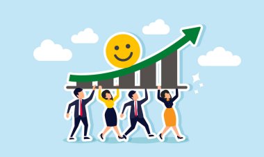 Bir iş grubu veya ortak girişim birlikte çalışarak gülen bir ifade içeren bir grafiği yükseltmek, hedef pazar ile iş ilişkisini artırmak için ortak girişimin bir illüstrasyonunu sergilemek