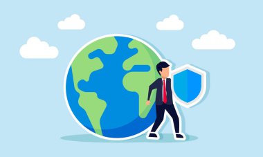 Bir iş adamı bir kalkan tutuyor ve dünyanın yanında duruyor. Çevreye duyarlı şirketler kurarak dünyayı korumanın önemini gösteriyor.