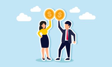 Businessman and businesswoman each lift and display dollar coins, illustration of celebrating success in business financial investments  