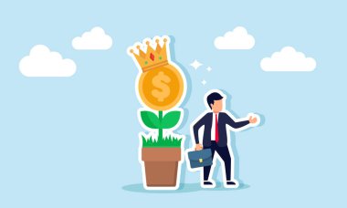 Taçlı bir fabrikanın yanında duran bir işadamı, bir işletmenin büyüme ve kalkınma için yatırım varlıklarını yönetmedeki uzmanlığının bir göstergesi.  